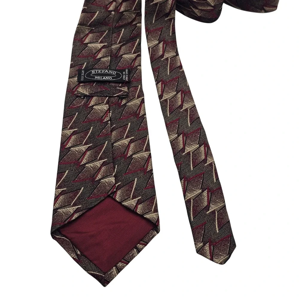 Stefano Milano Silk Tie Burgundy Pewter Geometric Art Deco Italian Hand Made‎